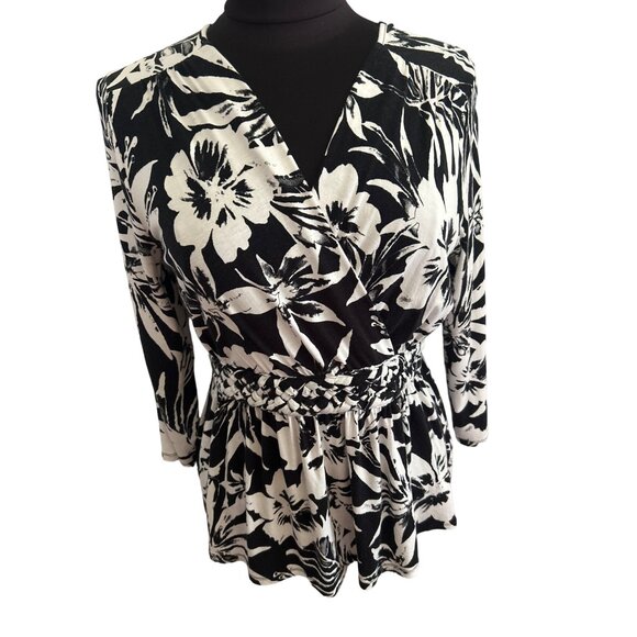 Harper 241 Women's Floral Print Blouse Black & White Rayon & Spandex, Size Med - Picture 1 of 9